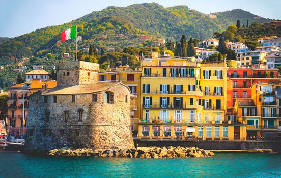 retro italian castle seaside vintage travel background Castello di Rapallo italian riviera - Italy .