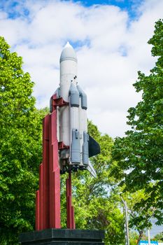 monument with a reduced copy of reusable spacecraft, rocket