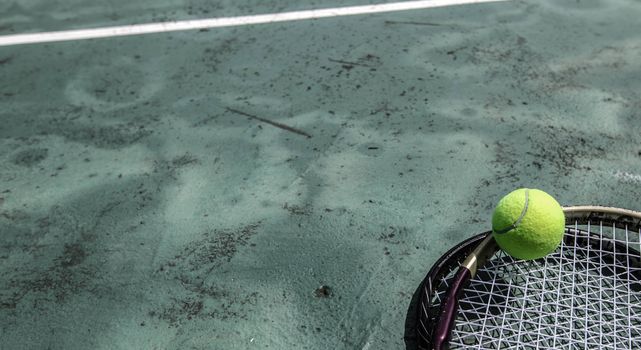 Tennis ball and racket in outdoor tropical court