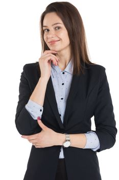 Smiling business woman thinking over serious decision. Confident young woman in formal suit touching chin