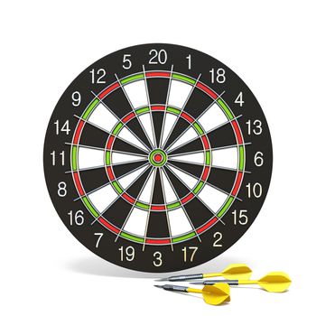 Yellow dart arrows in front of dartboard 3D rendering illustration isolated on white background