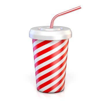 Red striped paper glass with drinking straw 3D rendering illustration isolated on white background