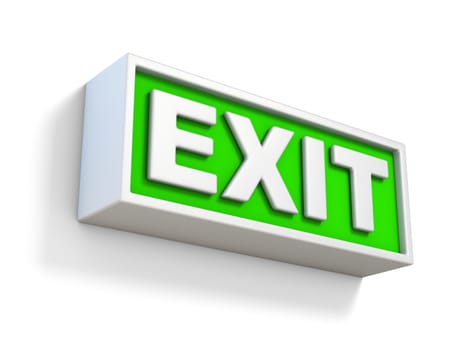 Green EXIT sign on white wall 3D rendering illustration isolated on white background
