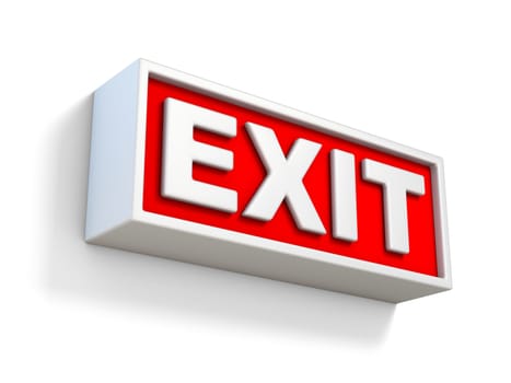 Red EXIT sign on white wall 3D rendering illustration isolated on white background