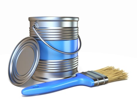 Blue color metal paint can and brush 3D rendering illustration isolated on white background