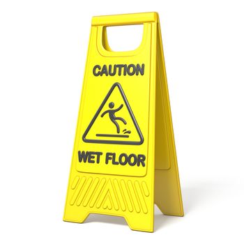 Yellow caution slippery wet floor sign 3D rendering illustration isolated on white background