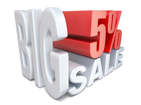 White red big sale sign PERCENT 5 3D render illustration isolated on white background