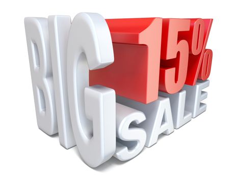 White red big sale sign PERCENT 15 3D render illustration isolated on white background