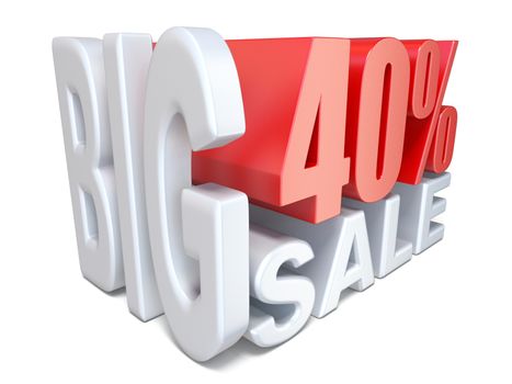 White red big sale sign PERCENT 40 3D render illustration isolated on white background