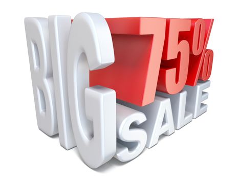 White red big sale sign PERCENT 75 3D render illustration isolated on white background