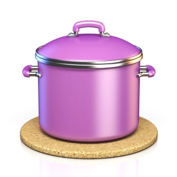 Purple cooking pot on cork pad 3D render illustration isolated on white background
