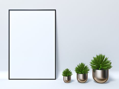 Mock up poster with three succulent pots 3D render illustration