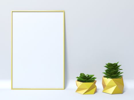 Mock up yellow blank picture frame with two succulent 3D render illustration