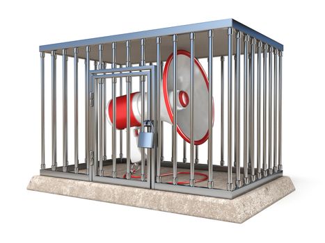 Megaphone inside metal cage 3D render illustration isolated on white background
