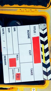 Film production crew equipment, close up of movie Clapper board
