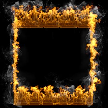 3d rendering fire frame square isolated over black and smoke background