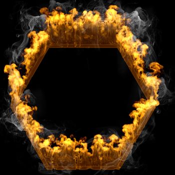 3d rendering fire frame pentagon isolated over black and smoke background