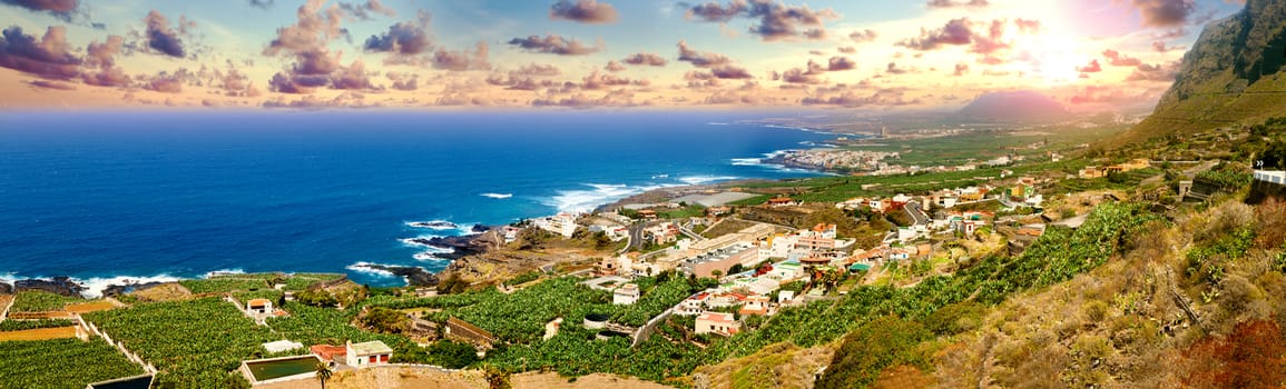 Sunset panorama village coast in Tenerife.