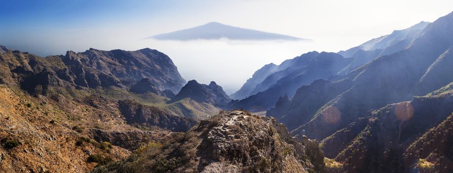 Masca valley.Canary island.Tenerife.Scenic mountain landscape.Teide volcano and sunset valley panorama in Tenerife.