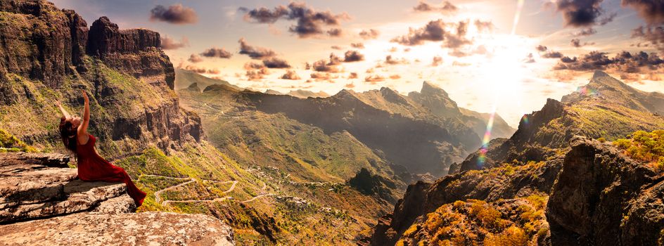 Masca valley.Canary island.Tenerife.Scenic mountain landscape.Cactus,vegetation and sunset panorama in Tenerife