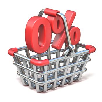 Metal shopping basket 0 PERCENT sign 3D render illustration isolated on white background