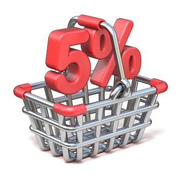 Metal shopping basket 5 PERCENT sign 3D render illustration isolated on white background