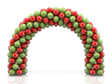 Arc made of red and green balloons 3D render illustration isolated on white background