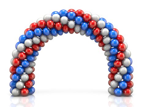 Arc made of white, red blue balloons 3D render illustration isolated on white background