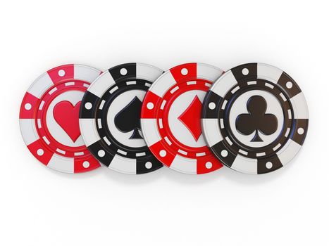 Set of gambling poker chips, with spade, heart diamond and club sign on it 3D render illustration isolated on white background