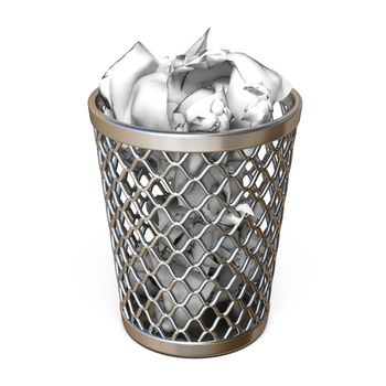 Metal trash bin, full of crumpled paper 3D render illustration Isolated on white background