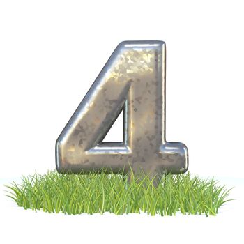 Galvanized metal font Number FOUR 4 in grass 3D render illustration isolated on white background