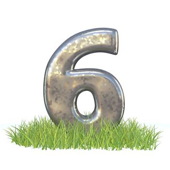 Galvanized metal font Number SIX 6 in grass 3D render illustration isolated on white background