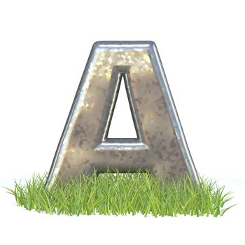 Galvanized metal font Letter A in grass 3D render illustration isolated on white background