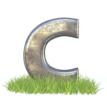 Galvanized metal font Letter C in grass 3D render illustration isolated on white background