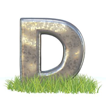 Galvanized metal font Letter D in grass 3D render illustration isolated on white background