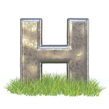 Galvanized metal font Letter H in grass 3D render illustration isolated on white background