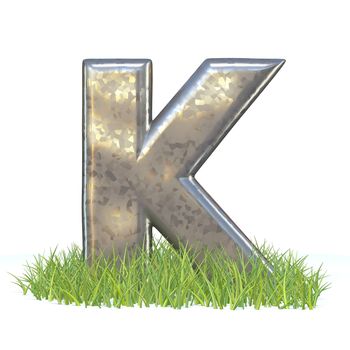 Galvanized metal font Letter K in grass 3D render illustration isolated on white background