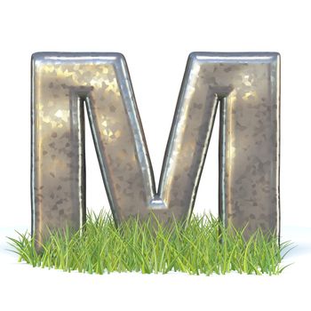 Galvanized metal font Letter M in grass 3D render illustration isolated on white background