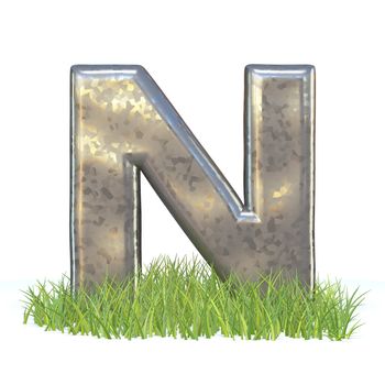 Galvanized metal font Letter N in grass 3D render illustration isolated on white background