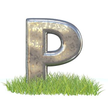 Galvanized metal font Letter P in grass 3D render illustration isolated on white background