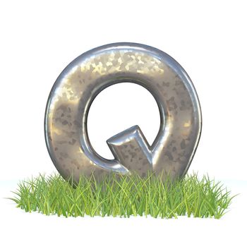 Galvanized metal font Letter Q in grass 3D render illustration isolated on white background