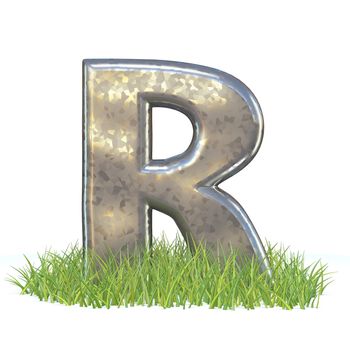 Galvanized metal font Letter R in grass 3D render illustration isolated on white background