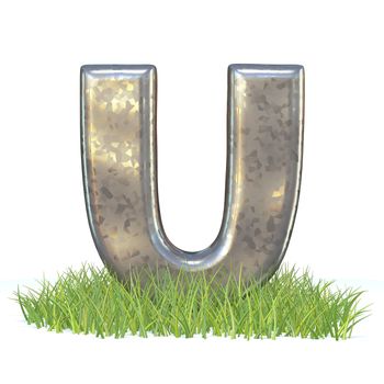 Galvanized metal font Letter U in grass 3D render illustration isolated on white background