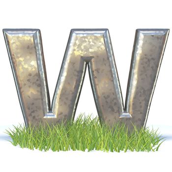 Galvanized metal font Letter W in grass 3D render illustration isolated on white background