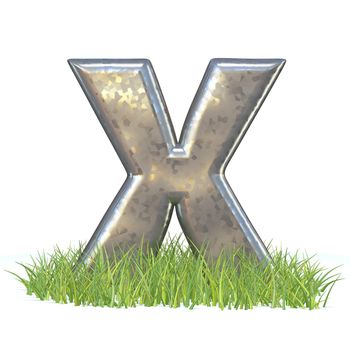 Galvanized metal font Letter X in grass 3D render illustration isolated on white background