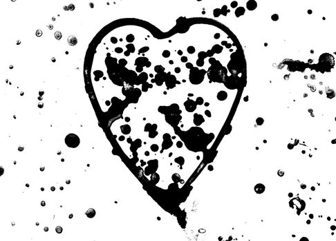 Heart with spray black color watercolor on white background, cute, pattern, hand painted.