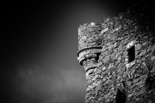 Detail Of An Ancient Castle Or Fort In Dramatic Black And White With Copy Space