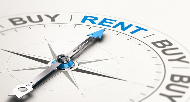 3D illustration of a compass with needle pointing the word rent
