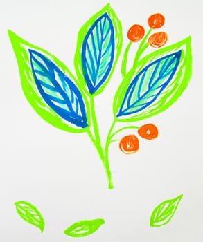 Cute hand-Drawn watercolor flower stem with leaves and berries. Blue and green spring flowers, Botanical garden plants.