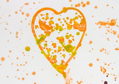 Heart with splashes of gold and orange watercolor on white background, cute, pattern, hand painted.
